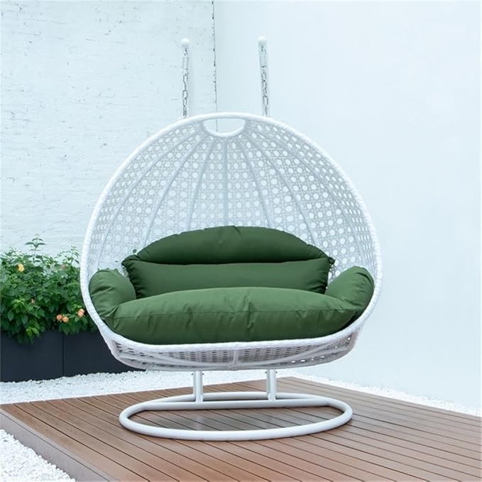 LeisureMod 2 Person Hanging Egg Chair Indoor Outdoor Patio Lounge Swing with White Stand &amp UV-Resistant Cushions Hammock Chair for Bedroom &amp Garden Dark Green