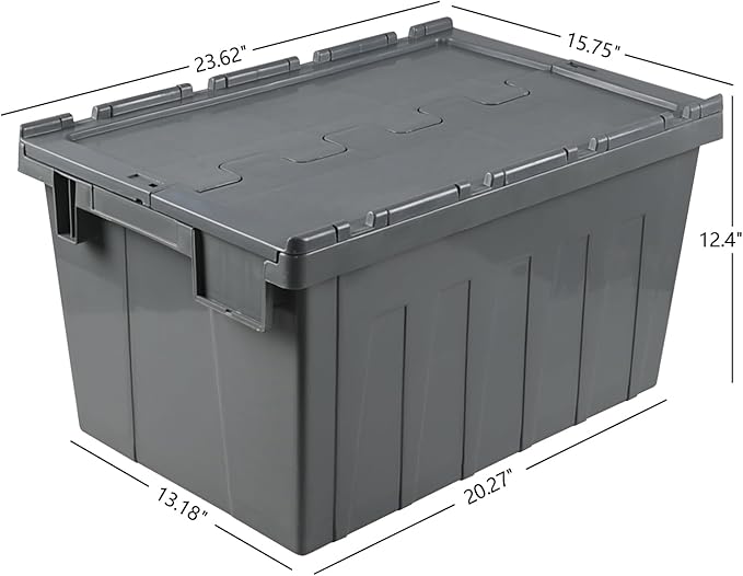 15 Gallon Industrial Lockable Plastic Storage Tote with Hinged Attached Lid Commercial Flip Top Tote Storage Container Bin Tote for Transport and Warehouse Heavy Duty Gray 4 Packs