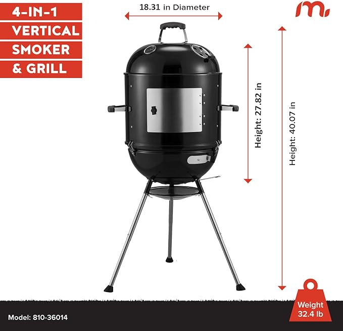 Megamaster Vertical 18 Inch Charcoal BBQ Smoker 4-in-1 Portable Outdoor Grill with Adjustable Air Vent 600 SQ. In Cooking Area Built-in Temperature Gauge BBQ Grill for Camping Picnics - 810-36014