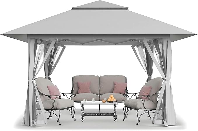 CROWN SHADES 13x13 Pop Up Gazebo Canopy Tent Gazebos on Clearance - Outdoor Gazebo for Backyard &amp Patio Furniture - Carpa Pop Up Tent with Wheeled STO-N-Go Cover Bag (Grey)