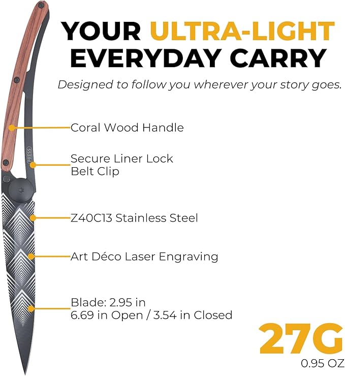 deejo - 27G Folding Pocket Knife with Belt Clip - Art Déco Design 2.95-Inch Stainless Steel Blade Black Titanium Finish Coral Wood Handle - Lightweight EDC for Home Work and Outdoor Use