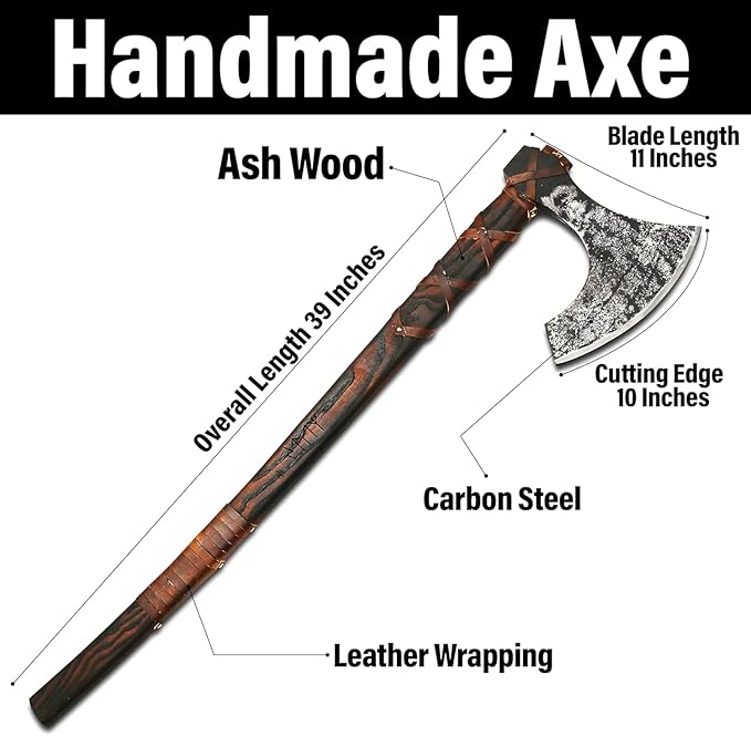 Qepaa Crafts® Handmade Viking Axe – 38 Two-Handed Bearded Norse Axe with Sheath – Forged Steel Berserker Hatchet for Throwing Chopping Camping Gifting(THA)