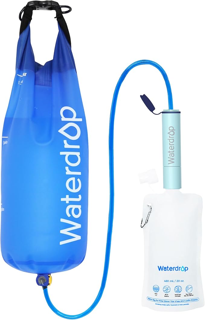 Waterdrop Gravity Water Filter Straw Camping Water Filtration System Water Purifier Survival for Travel Backpacking and Emergency Preparedness 1.5 gal Bag 0.1 Micron Light Blue