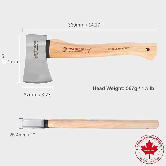 MASTIFF GEARS 1.25 lb Camp Axe - 14 Throwing Axe with 1055 Carbon Steel &amp North American Hickory Handle | Leather Sheath Included |1-Year Replacement Lifetime Limited Warranty