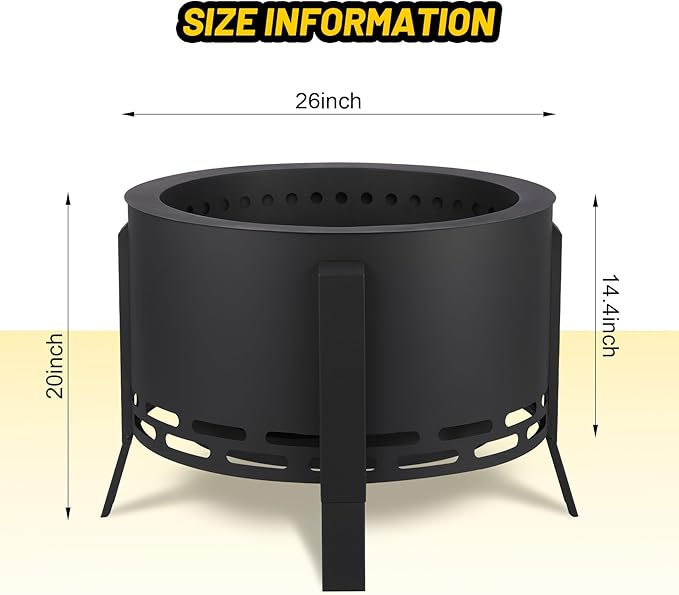 GarveeLife 26 in Smokeless Fire Pit with Ash Tray BaseSmokeless Outdoor Firepits with Adjustable Foot&ampFire PokerFirepit with Dust BagOutdoor Fire Pits for BBQBonfireCamping