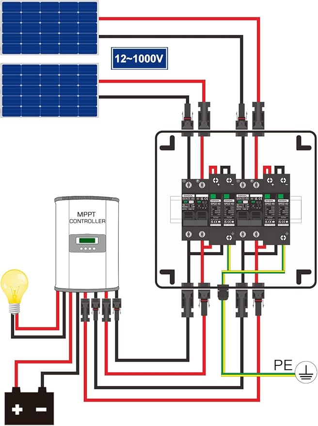 DIHOOL Solar Disconnect Switch 40Amp DC Circuit Breaker with Surge Protector PV Combiner Box for Solar Panel 2 in 2 Out