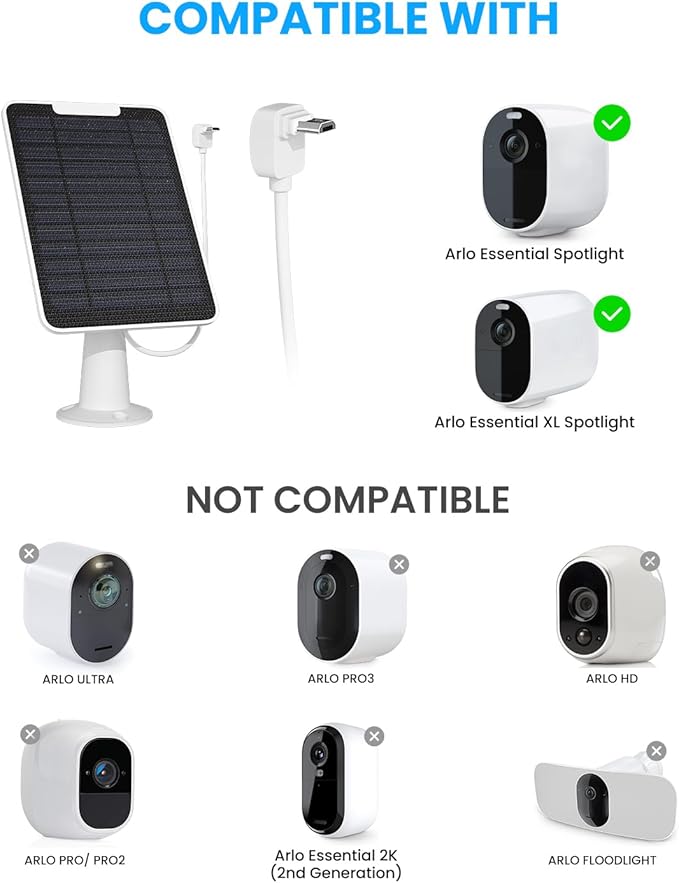 5W Arlo Solar Panel Charger Compatible with Arlo Essential Spotlight/XL Spotlight Camera Arlo Essential Solar Panel Charger w/ 10ft Waterproof Micro USB Charging Cable Adjustable Wall Mount 4 Pack