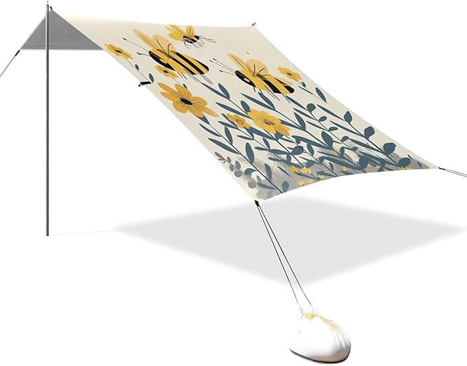 ALAZA Bee Flowers Beach Tent Sun Shelter UPF50+ Protection Beach Shade Canopy w/ 4 Sandbags for Outdoor Camping Fishing Backyard Fun Picnic 10x9 ft