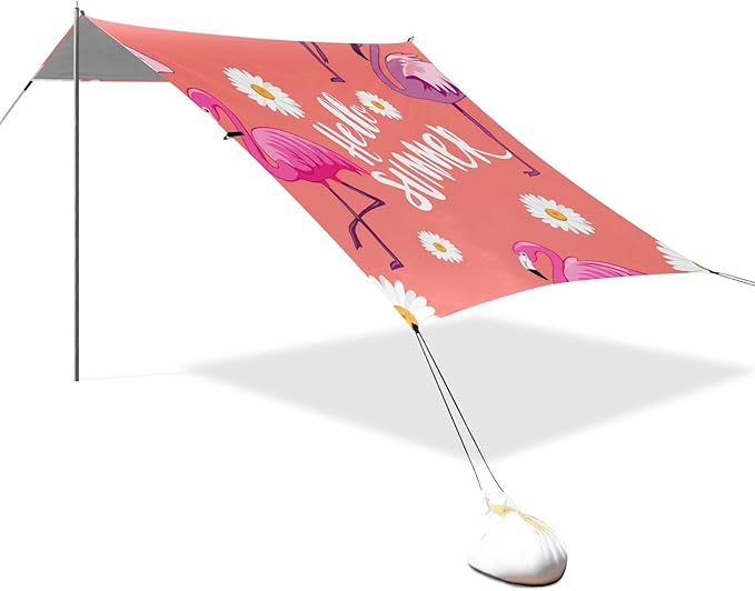 xigua Flamingos Beach Tent Sun Shelter with Carrying Bag - Silver Coated Oxford Fabric Beach Canopy for Beach Camping Fishing - Includes Windproof Ropes Sandbags &amp Stakes