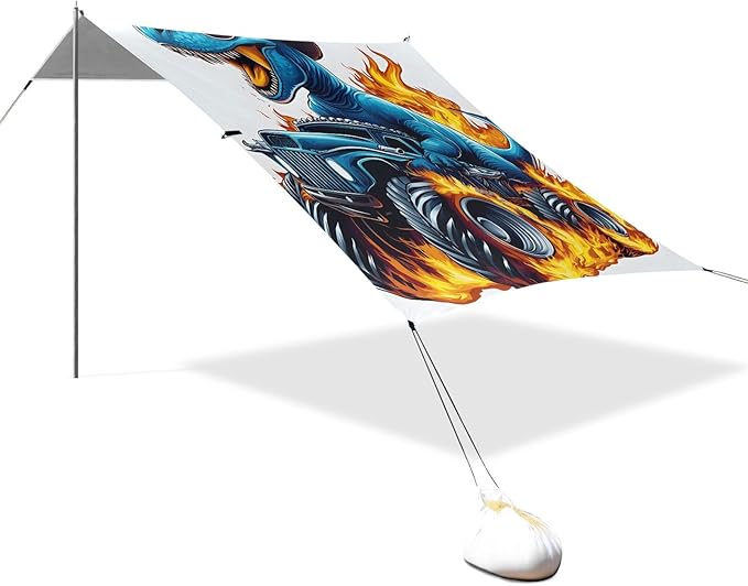 ALAZA Blue Dinosaur Truck Fire Beach Tent Sun Shelter Portable Canopy Sunshade for Outdoor Camping Picnics Backyard Fun 10x9 ft