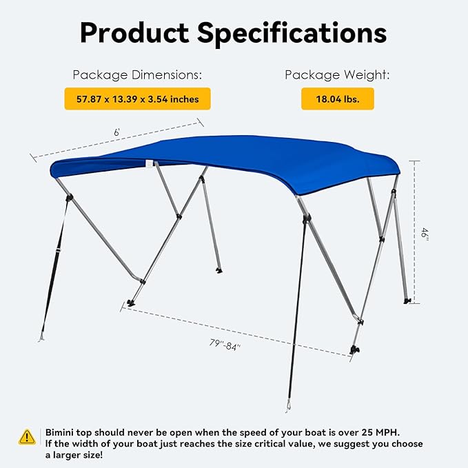 Deckpro 3 Bow / 4Bow Boat Bimini Tops 600D Solution Dyed Polyester Canopy with 1 Aluminum Alloy Frame Boat Canopy Waterproof and Sun Shade Includes Storage Boot 2 Support Poles 2 Straps
