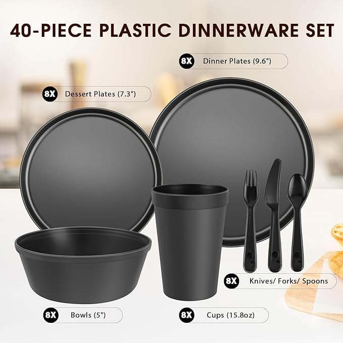 40 Piece Plastic Dinnerware Set for 8 with Cutlery Unbreakable Plates and Bowls Set Dishwasher &amp Microwave Safe Reusable Dish Set for Camping RV Outdoor Kitchen Apartment Dining Black