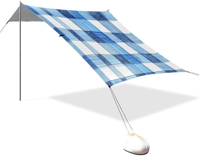 Cornflowerblue Checked Hand-Drawn Sketch Foldable Beach Canopy UPF50+ Lightweight Large Portable Sun Shelter with Sandbags Sand Shovel Poles for Camping Picnics Backyard
