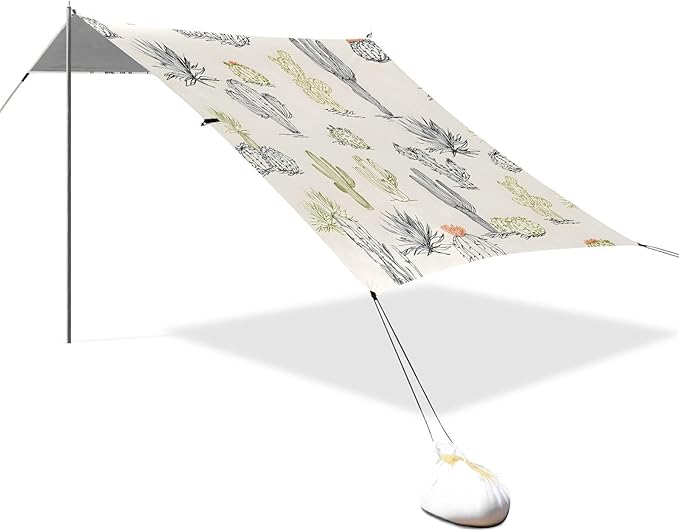 ALAZA Hand Drawn Cactus Cacti Beach Tent Sun Shelter UPF50+ Protection Beach Shade Canopy w/ 4 Sandbags for Outdoor Camping Fishing Backyard Fun Picnic 10x9 ft