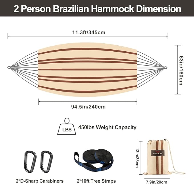 CHULIM Brazilian Double Hammock with Tree StrapsExtra Large 94x63IN2 Persons Hammock for Backyard Patio Outdoor and Indoor450lbs Weight CapacitySoft Woven Cotton Fabric - Beige Brown Stripe