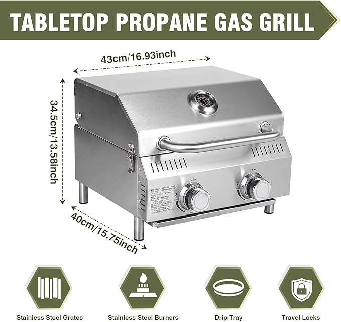 Llamaviva 2-Burner Tabletop Gas Grill with Outdoor Table Portable Stainless Steel Cooking Station with Storage Shelves Hooks and Locking Wheels for Tailgating Camping &amp Backyard BBQ