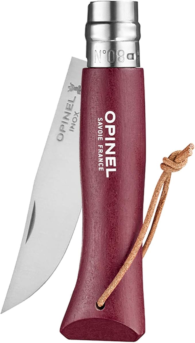 Opinel Colorama Series No. 8 - Stainless Steel Everyday Carry Folding Pocket Knife with Leather Strap Painted Hornbeam Handles