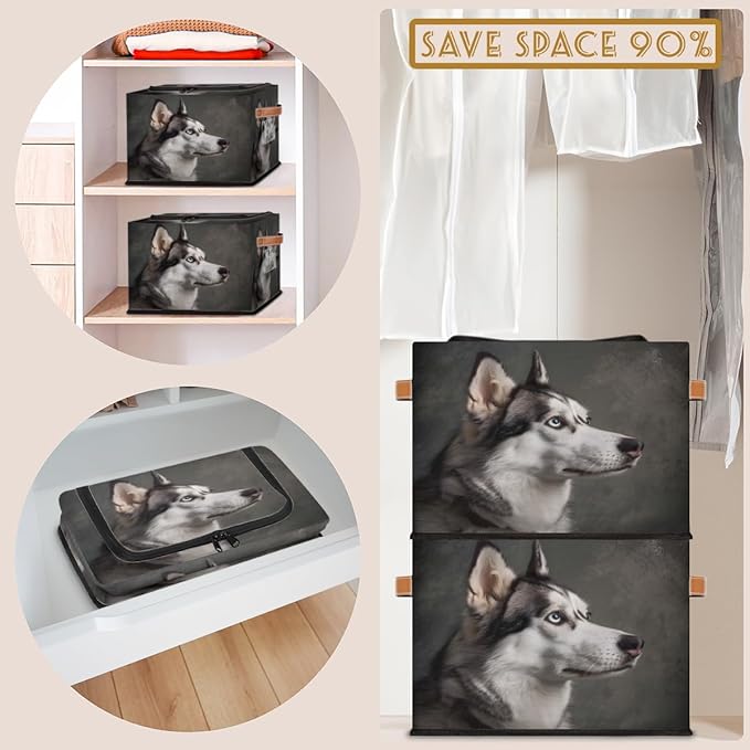 Husky Dog Storage Box with Lid Cute Pet Dog Collapsible Storage Bins Baskets Cubes Closet Shelf Clothes Organizer Containers with PU Leather Handles