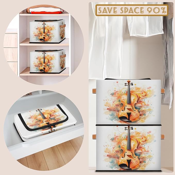 Music Violin Storage Box with Lid Watercolor Instrument Collapsible Storage Bins Baskets Cubes Closet Shelf Clothes Organizer Containers with PU Leather Handles