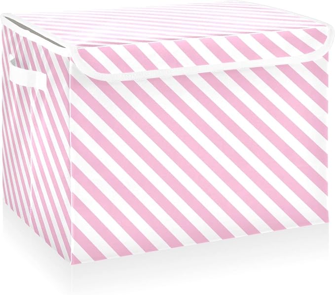 CaTaKu Pink Stripes Storage Bins with Lids and Handles Fabric Large Storage Container Cube Basket with Lid Decorative Storage Boxes for Organizing Clothes