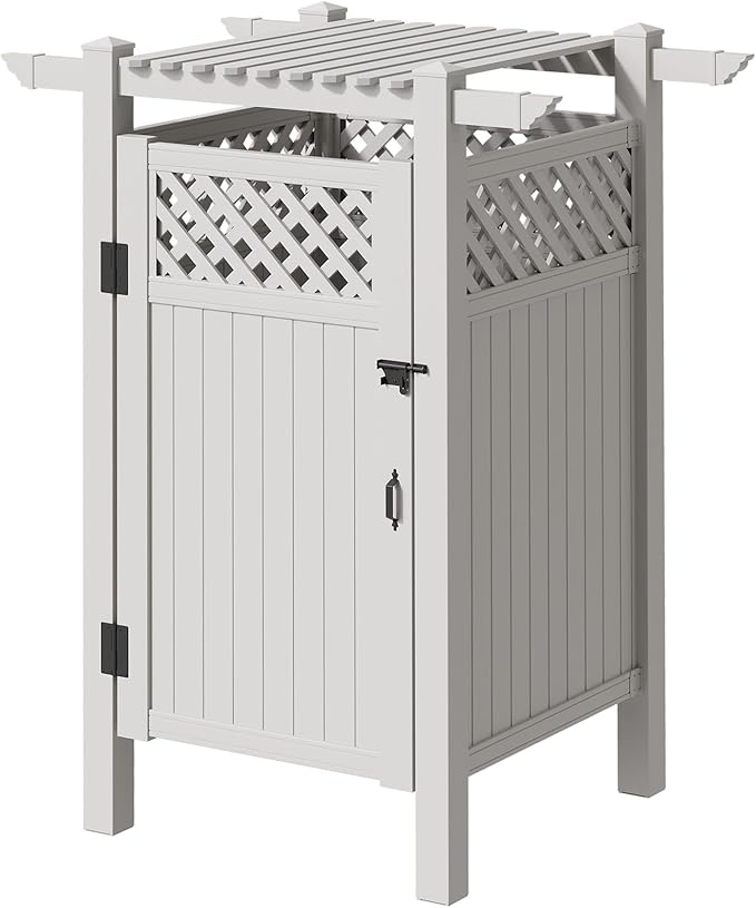 EROMMY 88.5H x 57.5W x 47.75L White PVC Outdoor Shower Enclosure with Door Weatherproof Privacy Stall for Pool &amp Beach Durable Vinyl Construction（Grid-panel with roof）