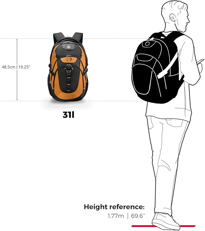Swissdigital Design Laptop Backpack with USB Charging Port Travel Backpack Fits 15.6 inches Computer 31L College School Backpack for Men Orange/Black | SD803-66