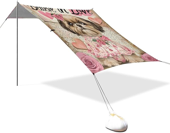 ALAZA Cute Shih Tzu Puppy Dog Beach Tent Sun Shelter UPF50+ Protection Beach Shade Canopy w/ 4 Sandbags for Outdoor Camping Fishing Backyard Fun Picnic 10x9 ft