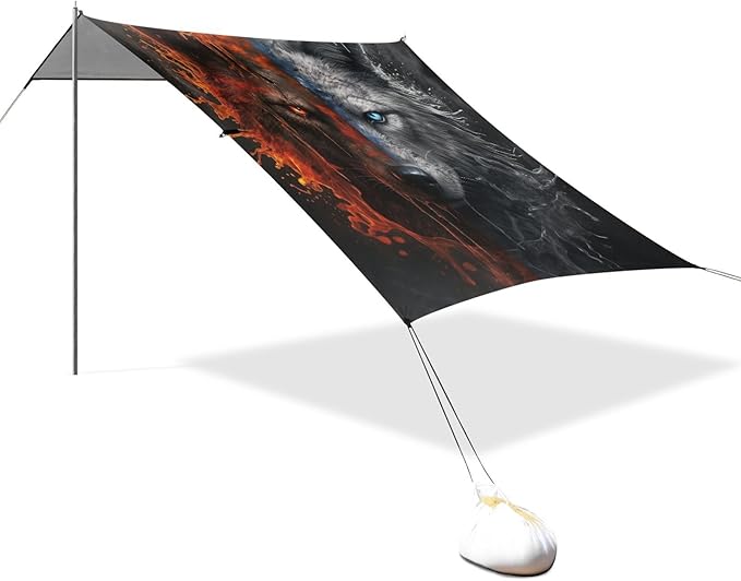 ALAZA Fire Water Wolf on Black Beach Tent Sun Shelter Portable Canopy Sunshade for Outdoor Camping Picnics Backyard Fun 10x9 ft