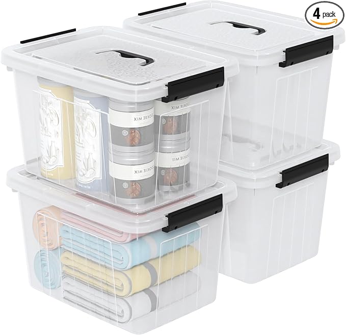 12 L Clear Lidded Storage Box Plastic Latching Bin with Handle 4 Pack