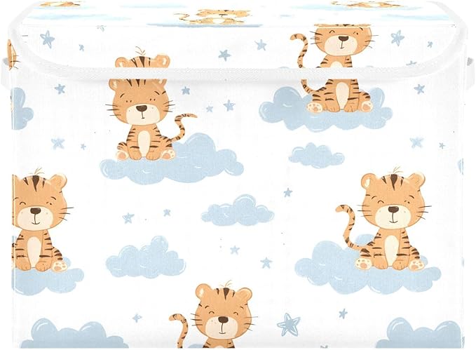 susiyo Large Foldable Storage Bin with Flip-Top Lid Cute Tiger Pattern Storage Box Collapsible Closet Organizer Containers Boxes Decorative Baskets with Handles for Home Bedroom Living Room Office