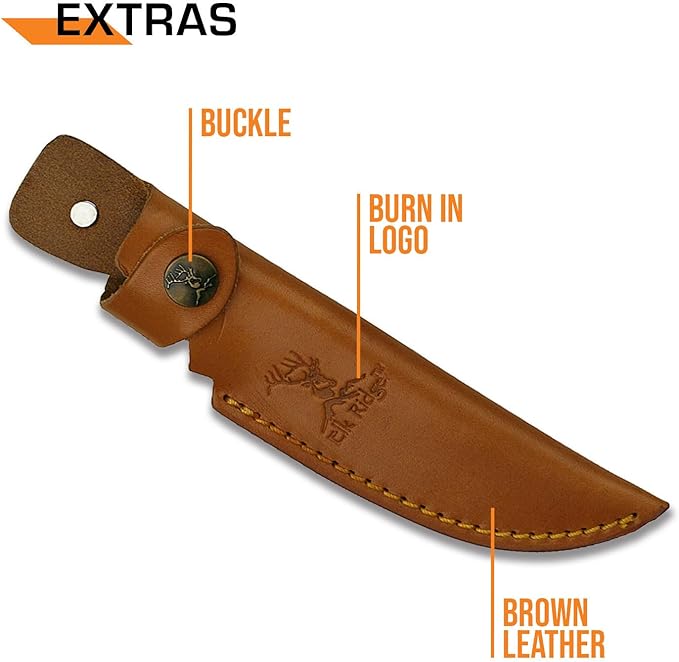 Elk Ridge - Fixed Blade Knife 9.5-in Overall Satin Finish Stainless Steel Blade 2 Tone burl Wood Handle Genuine Leather Sheath Hunting Camping Survival