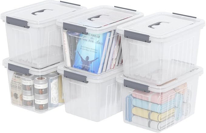 12 Quart Clear Plastic Box with Lid Latching Container with Handle 6 Packs
