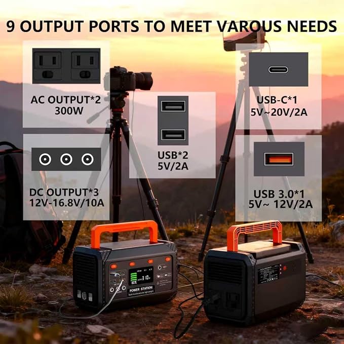 300W Portable Power Station270Wh Camping Lithum Battery Solar Generator with 2 AC Output USB-C PD 45W Quick Charge Battery Pack for Home Use Camping Travel Emergency Hunting