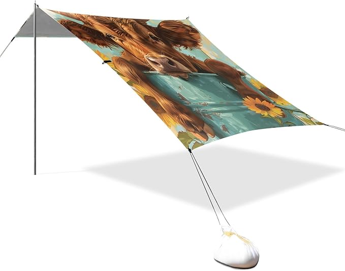 ALAZA Highland Cattle in an Iron Can Beach Tent Sun Shelter Portable Canopy Sunshade for Outdoor Camping Picnics Backyard Fun 10x9 ft