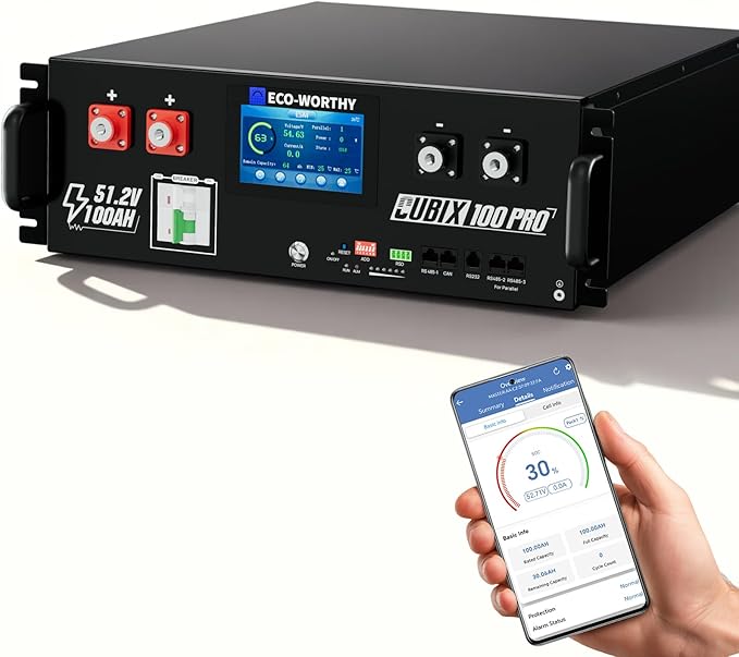 ECO-WORTHY 48V 100Ah Pro Server Rack LiFePO4 Lithium Battery LED Display Bluetooth &amp WiFi Connectivity Low-Temperature Resistant Cells for Home Backup Power and Solar Energy Storage