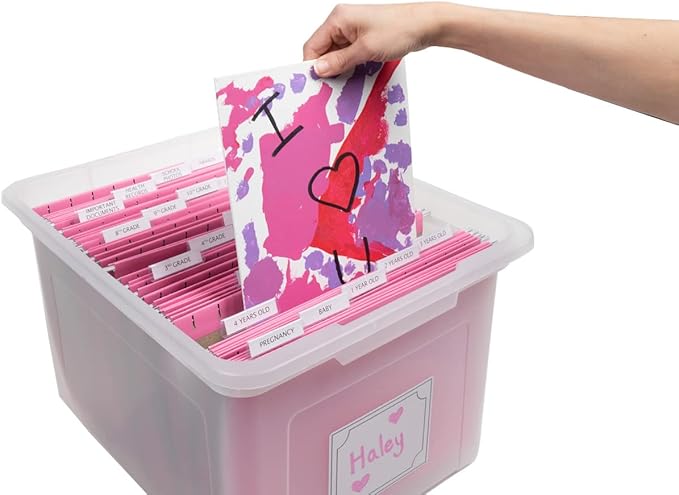 Kid's Craft Memory Keepsake Organizer Box - Clear Storage Latching Bin with Hanging File Folders and Custom Tab Inserts (Pink)