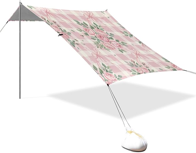 xigua Rose Beach Tent Sun Shelter with Carrying Bag - Silver Coated Oxford Fabric Beach Canopy for Beach Camping Fishing - Includes Windproof Ropes Sandbags &amp Stakes