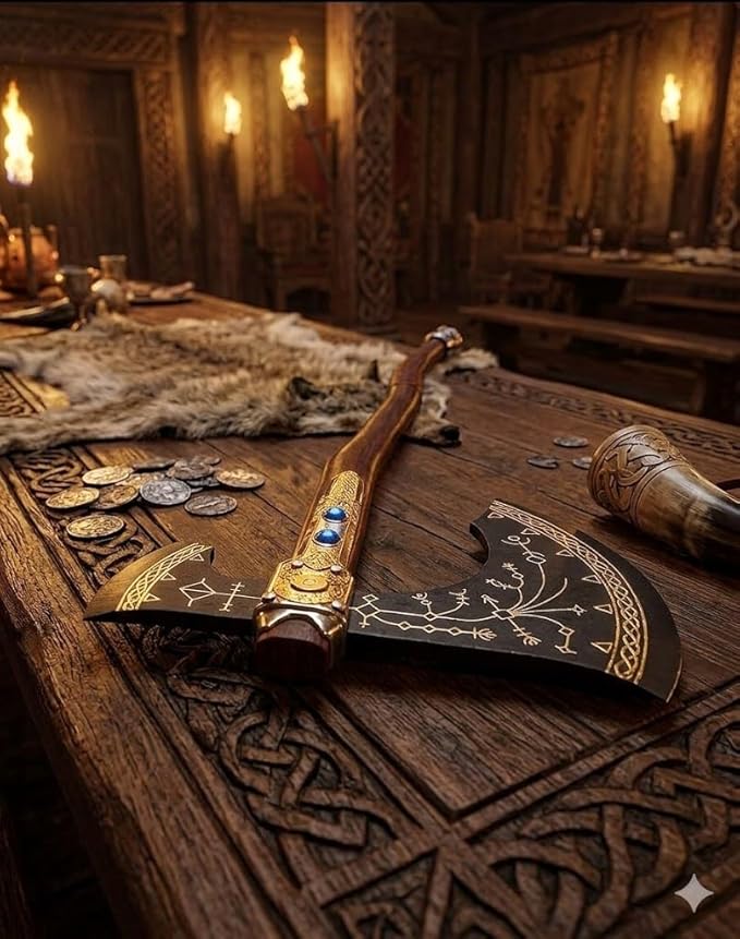 VK War Axe Viking Battle Axe Replica Ax - Handmade Forged Stainless Steel Axe Prop Tool with Viking Axe Hatchet Solid Wood Handle Skarde Seax Men's Gift