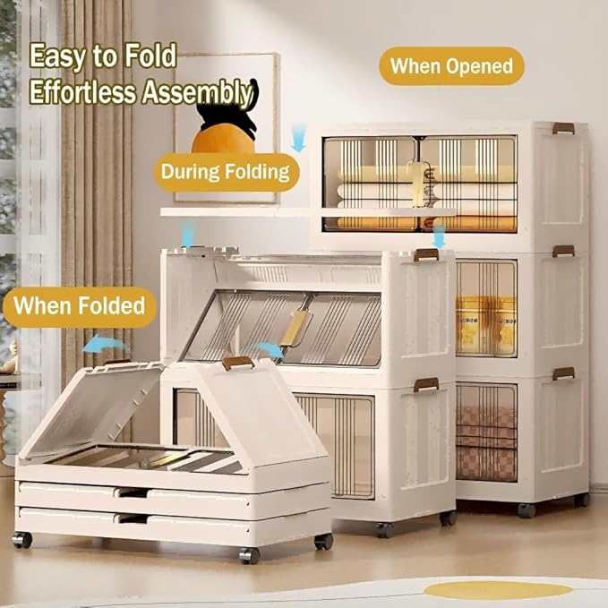 Storage Bins with Lids 5 Tier 300 QT Stackable Plastic Storage Bins Foldable Storages Boxes with Magnetic Doors and Wheels for Clothes Snacks Books Folding Containers for Home Office