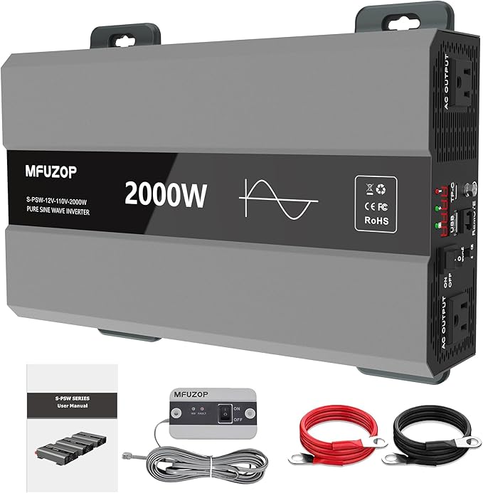 2000W Pure Sine Wave Inverter 12V DC to 110V/120V AC Surge 4000W Power Inverter for Car RV Truck Home Solar &amp Off-Grid with 2 AC Outlets USB/Type-C LCD Display and Remote Control
