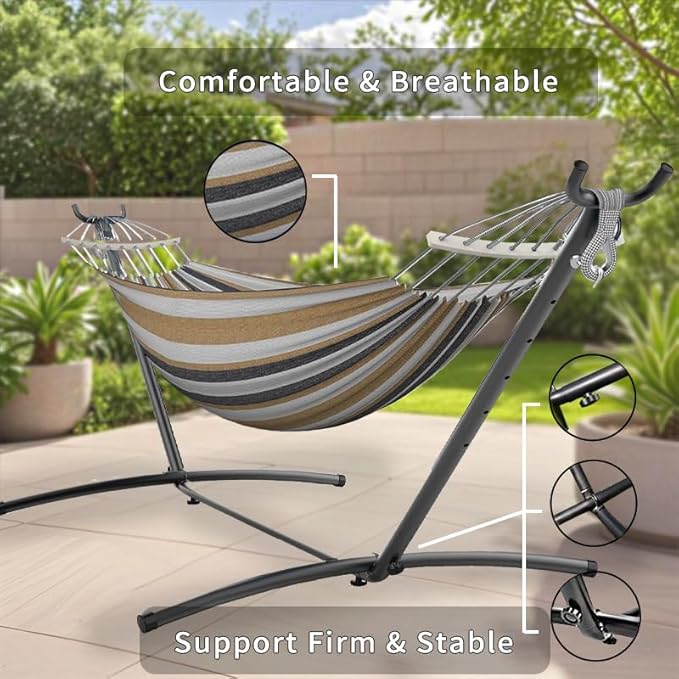 Double Hammock Heavy Duty Portable 500 lb Weight Capacity Perfect for Both Indoors and Outdoors 2 Person Hammock with Carrying Bag Coffee