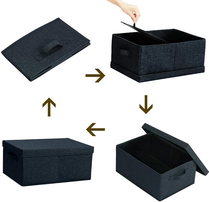 HOONEX Linen Foldable Storage Bins with Lids 2 Pack Storage Boxes with Carrying Handles and Sturdy Heavy Cardboard 16.5 L x 11.8 W x 7.5 H for Shoes Books Clothes Nursery Dark Grey