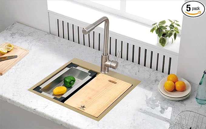 STARSTAR Workstation Ledge Topmount/Drop-in Single Bowl Satin Matte 304 Stainless Steel Kitchen/Yard/Bar/Laundry/Office Sink With Grid Colander Cutting Board Strainer (22x22x12 Gold)
