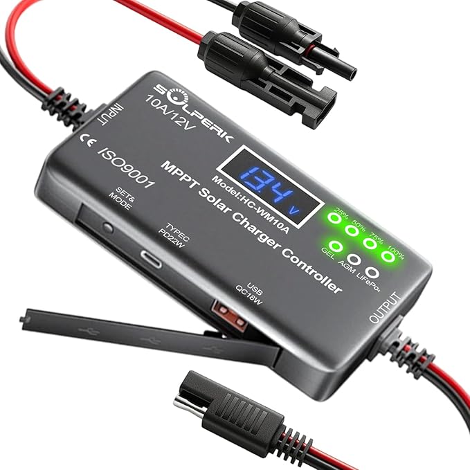 SOLPERK MPPT 10A 12V Solar Charge Controller with LCD Display Solar Panel Charge Controller with Type-C and USB Output for Solar Panel Regulator Gel AGM Lead-Acid Lithium LiFePO4 Battery