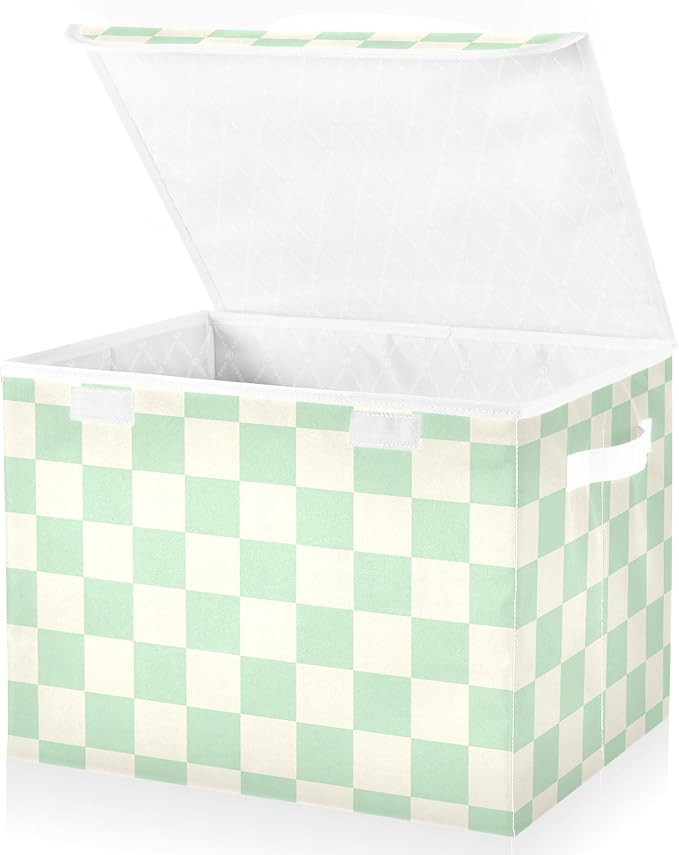 White Green Check Square Storage Box with Lid 1 PC Foldable Storage Bin with Lids Stackable Storage Bins Cube Closet Organizer Basket with Flip-Top Lid &amp Handles for Shoes Books Towels