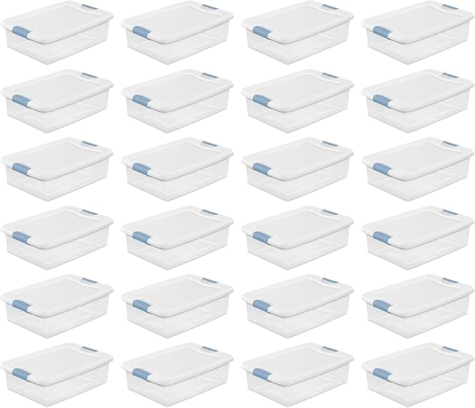 Sterilite 24-Pack Latching Box Under Bed Storage Bins with Lids Clear Plastic 32 Quart - Heavy-Duty Organizing Containers for Closet Bathroom and Office