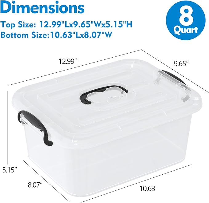 8 Quart Clear Latching Bin with Handle Plastic Storage Tote Box with Handle 2 Packs