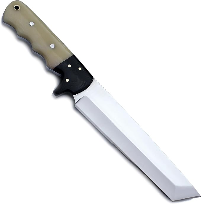GCS Custom Handmade Coloured Bone Handle D2 Tool Steel Tanto Survival Tactical Fixed Blade Knife Buffalo Hide Leather Sheath GCS177