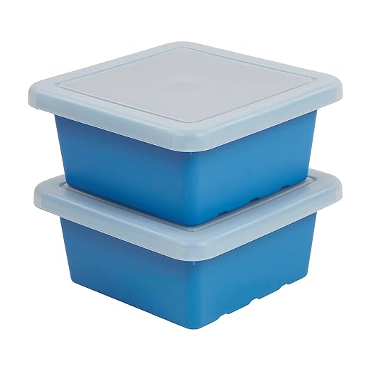 ECR4Kids Stackable Square Bins with Non-Snap Lids Multipurpose Organization French Blue 2-Pack