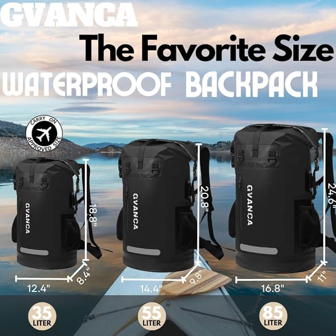 Waterproof Roll Top Kayak Dry Backpack Floating Outdoor Dry Sack Boating Sailing Canoeing Rafting Fishing Camping 85L Black